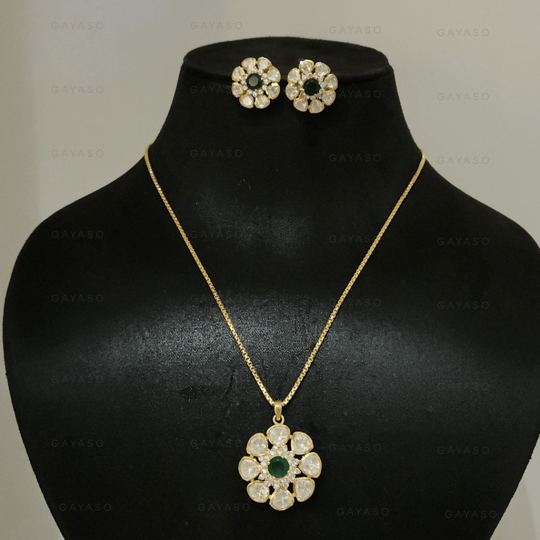 Green Polki Pendant With Floral Silver Gold Jewellery
