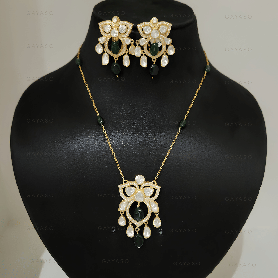 Green Polki Pendant Set In Gold Over 925 Silver