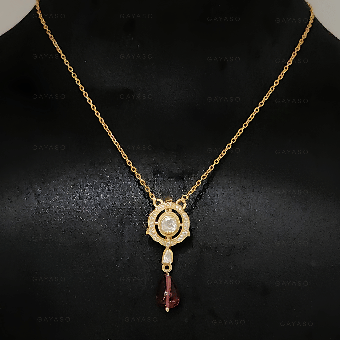 Pink Bead Polki Pendant In Yellow Gold Silver Necklace
