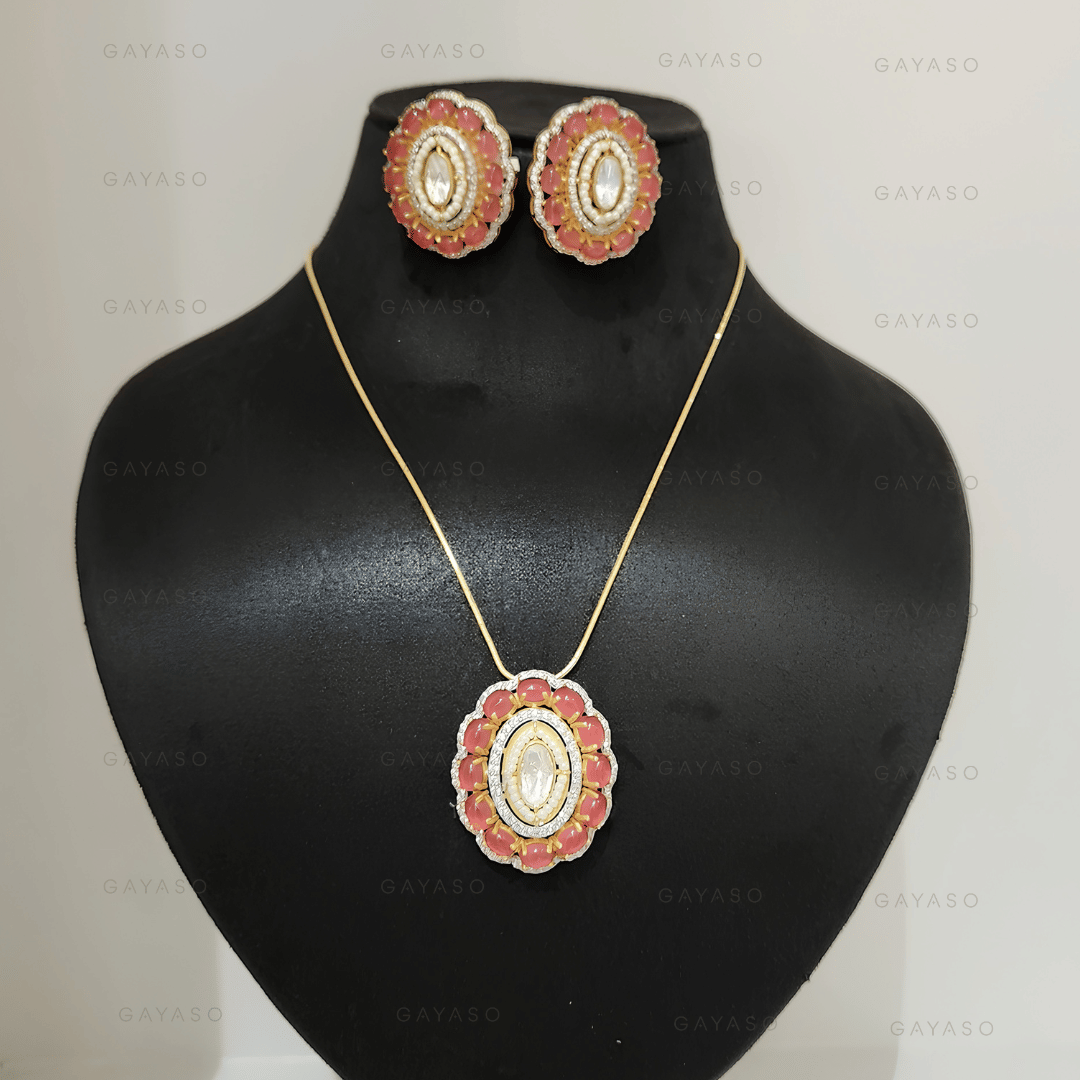 Pink Polki Pearl Pendant In Yellow Gold Silver