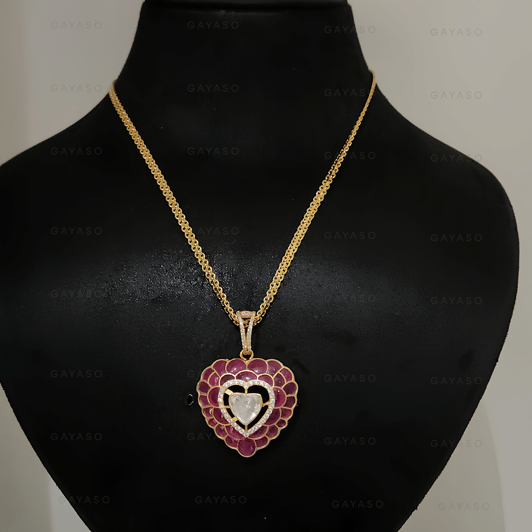 Red Polki Heart Pendant In Gold Vermeil 925 Silver