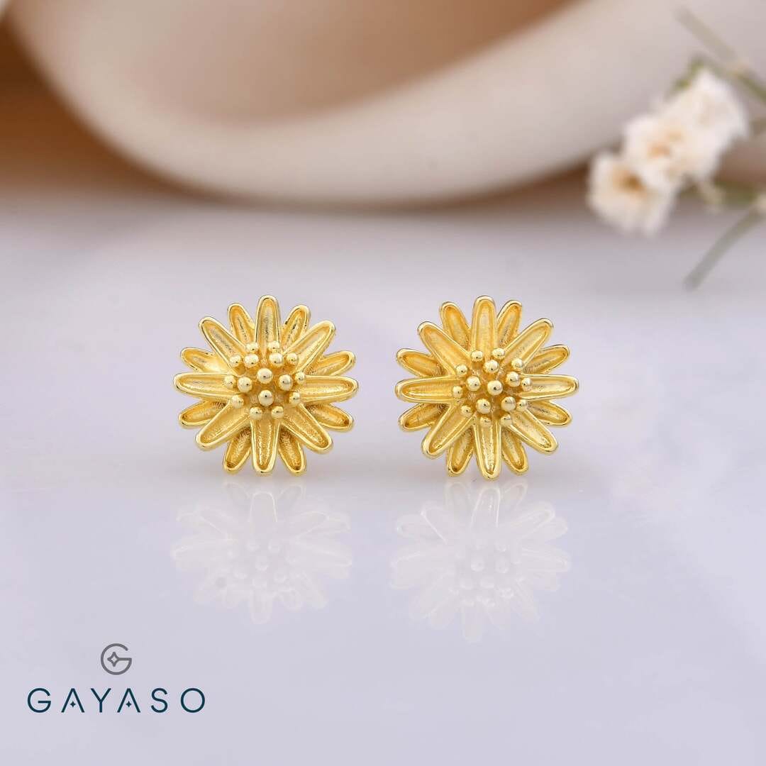 Gold Flower Stud Earrings For Women Floral 925 Silver