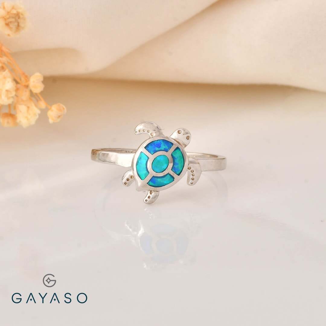 Blue Sea Turtle Ring In Sterling Silver For Women